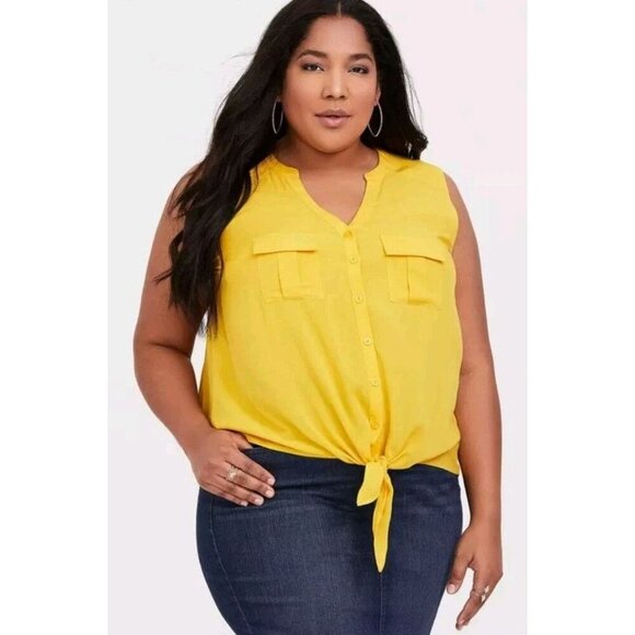 Torrid Top Yellow Challis Tie Frint Button Down Tank size 2 Summer Lightweight - Picture 1 of 9